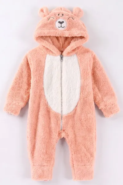 Yavruağzı (0-12 Ay)Kapüşonu  Gülen Ayı Nakışlı  Peluş Kız Bebek Tulum 494432
