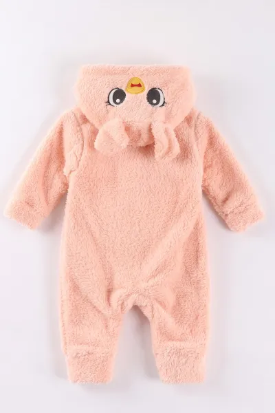 Yavruağzı (0-12 Ay)Kapüşonu  Ördek Nakışlı  Peluş Kız Bebek Tulum 494424