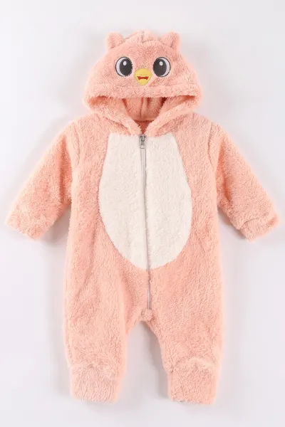 Yavruağzı (0-12 Ay)Kapüşonu  Ördek Nakışlı  Peluş Kız Bebek Tulum 494424
