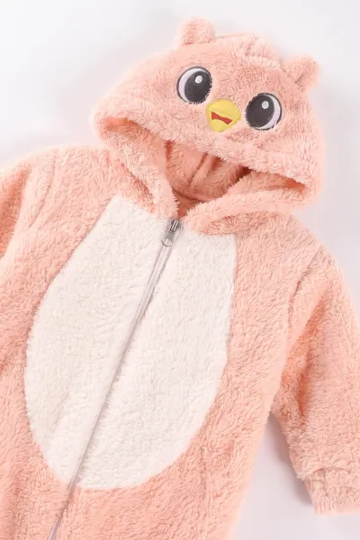 Yavruağzı (0-12 Ay)Kapüşonu  Ördek Nakışlı  Peluş Kız Bebek Tulum 494424
