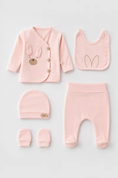 Yavruağzı (0-3 Ay) Kulaklı Tavşan Nakışlı 5'li Kız Bebek Zıbın Takım 479244