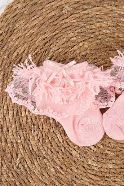 Yavruağzı (0-6 Ay) Saçaklı ve Tüllü Kız Bebek Çorap 467417