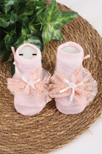 Yavruağzı (0-6 Ay)Tül Aksesuarlı Kız Bebek Çorap 445947