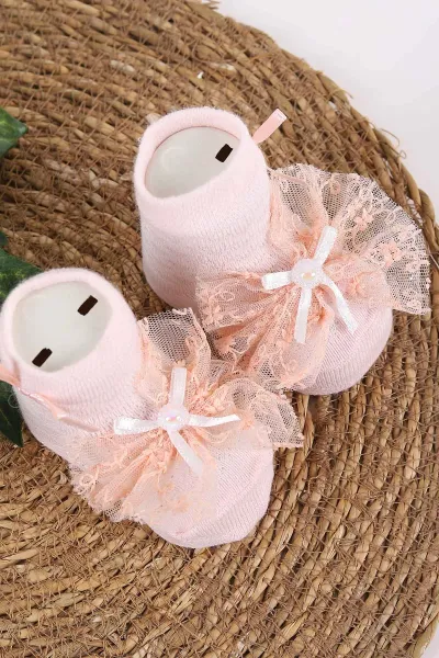Yavruağzı (0-6 Ay)Tül Aksesuarlı Kız Bebek Çorap 445947