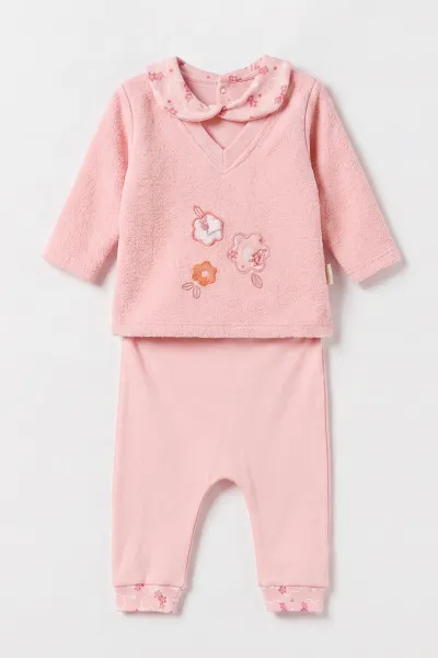Yavruağzı (0-9 Ay) Çiçek Nakışlı Bebe Yaka Kız Bebek 2'li Takım 477050