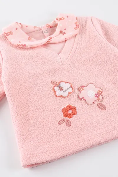 Yavruağzı (0-9 Ay) Çiçek Nakışlı Bebe Yaka Kız Bebek 2'li Takım 477050