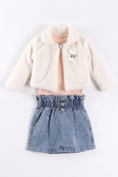 Yavruağzı (1-5 Yaş) Fitilli Bodyli Peluş Ceketli Kot Etekli Kız Çocuk 3lü Takım 495739