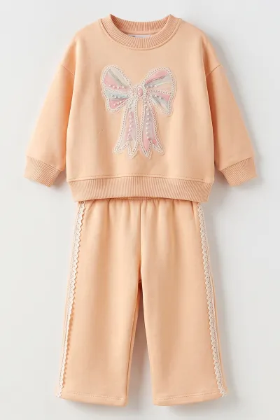 Yavruağzı (1-5 Yaş)Pul Fiyonklu Nakışlı 3 İp Şardonlu Kız Çocuk Kışlık Takım 498060