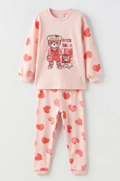 Yavruağzı (1-6  Yaş ) Kalpli  Ayı Baskılı Penye Kız Bebek&Çocuk  Pijama Takım 500331