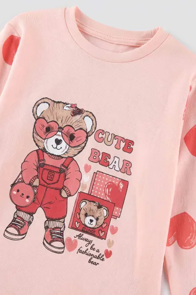 Yavruağzı (1-6  Yaş ) Kalpli  Ayı Baskılı Penye Kız Bebek&Çocuk  Pijama Takım 500331