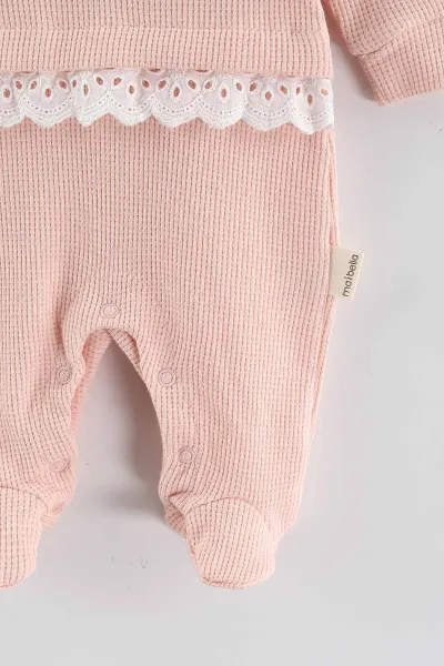 Yavruağzı (1-9 Ay)Çiçek Nakışlı Fisto Detaylı Patikli Kız Bebek Tulum 434931