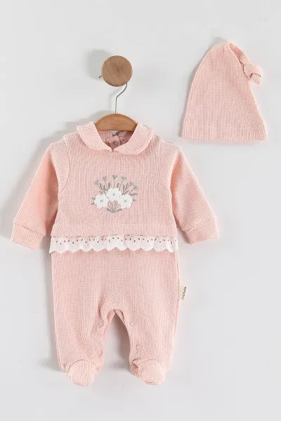 Yavruağzı (1-9 Ay)Çiçek Nakışlı Fisto Detaylı Patikli Kız Bebek Tulum 434931