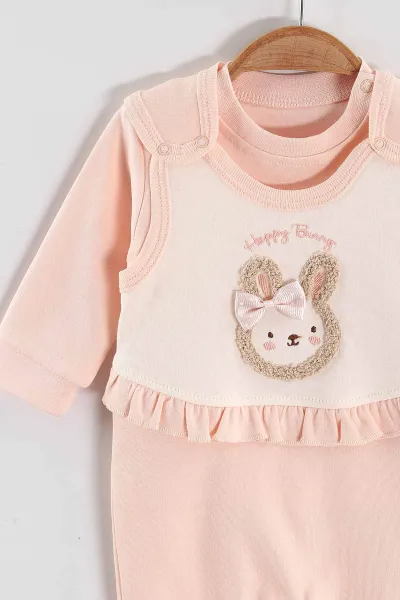 Yavruağzı (3-12 Ay)  Tokalı Tavşan Nakışlı Kız Bebek Salopet Takım 456599