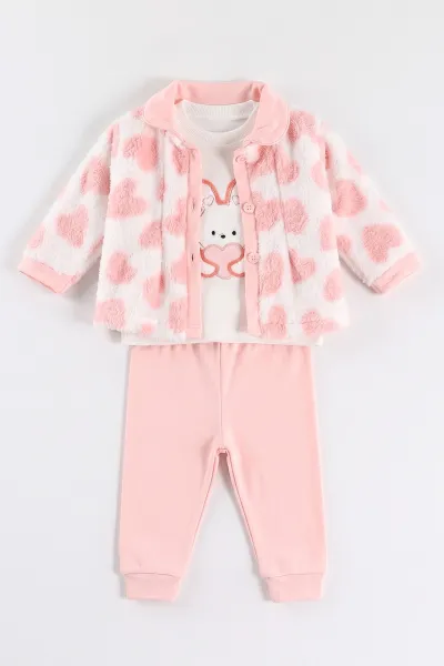 Yavruağzı (3-12 Ay)Kalp Nakışlı Badili Peluş Ceketli  Kız Bebek 3'lü Takım 495641