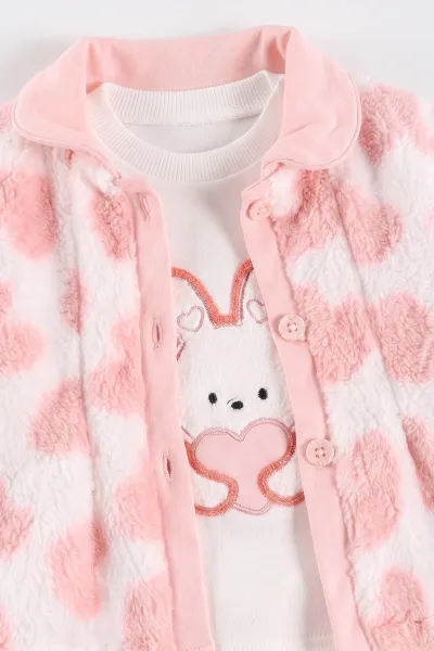 Yavruağzı (3-12 Ay)Kalp Nakışlı Badili Peluş Ceketli  Kız Bebek 3'lü Takım 495641