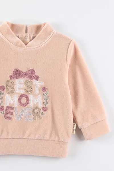 Yavruağzı (3-18 Ay) Best Mom Ever Nakışlı Kadife Kız Bebek Takım 487630