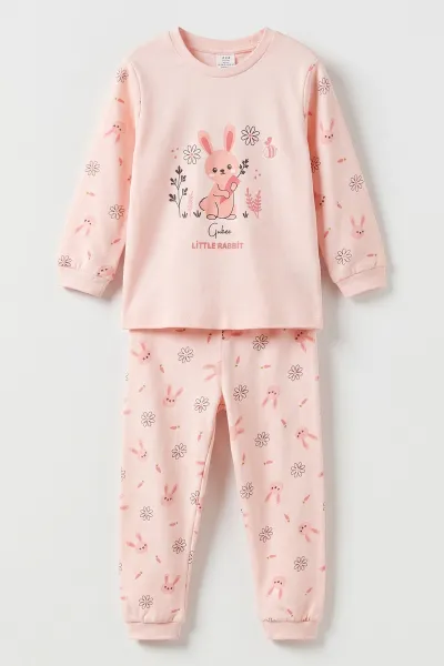 Yavruağzı (3-6 Yaş ) Little Rabbit Baskılı Penye Kız Çocuk  Pijama Takım 500336