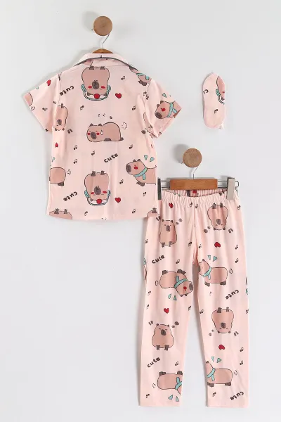 Yavruağzı (4-12 Yaş) Baskılı Kısa Kol Ön Düğmeli Göz Bandı Detaylı Kız Çocuk Pijama Takım 453253