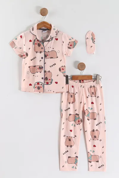 Yavruağzı (4-12 Yaş) Baskılı Kısa Kol Ön Düğmeli Göz Bandı Detaylı Kız Çocuk Pijama Takım 453253