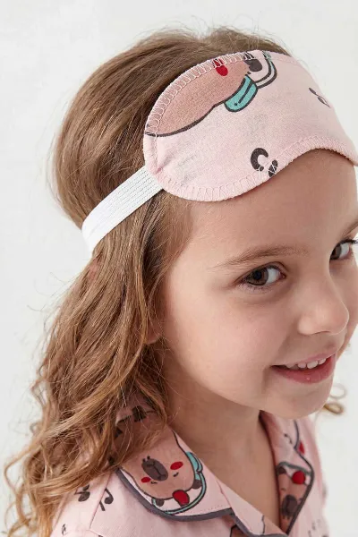 Yavruağzı (4-12 Yaş) Baskılı Kısa Kol Ön Düğmeli Göz Bandı Detaylı Kız Çocuk Pijama Takım 453253