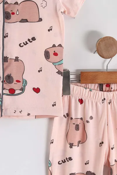 Yavruağzı (4-12 Yaş) Baskılı Kısa Kol Ön Düğmeli Göz Bandı Detaylı Kız Çocuk Pijama Takım 453253