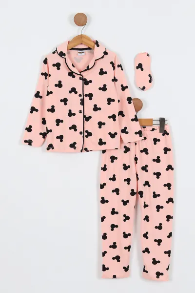 Yavruağzı (4-12 Yaş) Baskılı Ön Düğmeli Göz Bandı Detaylı Kız Çocuk Pijama Takım 337914