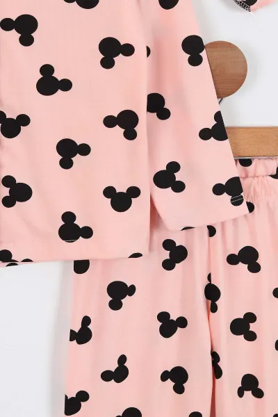 Yavruağzı (4-12 Yaş) Baskılı Ön Düğmeli Göz Bandı Detaylı Kız Çocuk Pijama Takım 337914