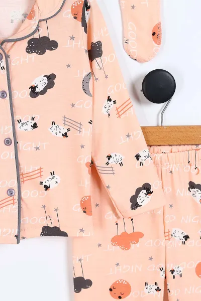 Yavruağzı (4-12 Yaş) Bulut Baskılı Ön Düğmeli Göz Bandı Detaylı Kız Çocuk Pijama Takım 337927