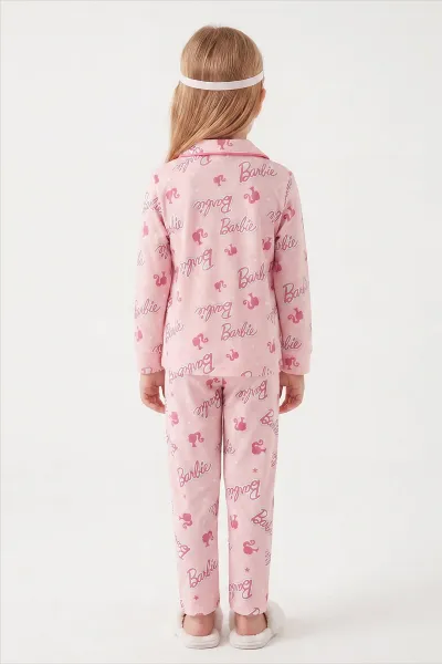Yavruağzı (4-12 Yaş) Desenli   Uzun Kol  Ön Düğmeli Göz Bandı Detaylı Kız Çocuk Pijama Takım 473643