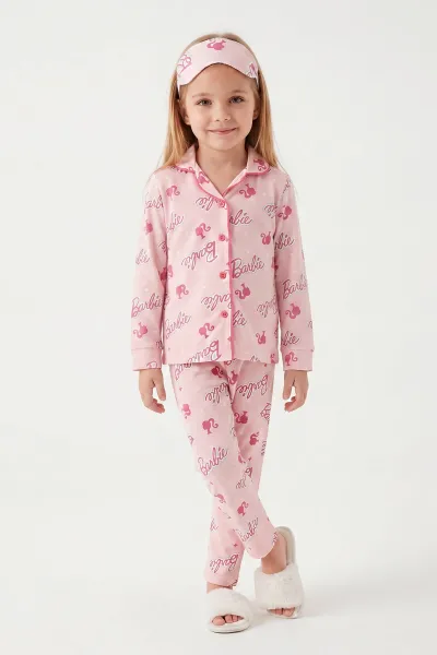 Yavruağzı (4-12 Yaş) Desenli   Uzun Kol  Ön Düğmeli Göz Bandı Detaylı Kız Çocuk Pijama Takım 473643