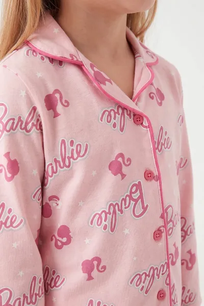 Yavruağzı (4-12 Yaş) Desenli   Uzun Kol  Ön Düğmeli Göz Bandı Detaylı Kız Çocuk Pijama Takım 473643