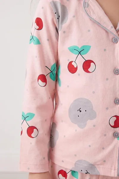 Yavruağzı (4-12 Yaş) Desenli   Uzun Kol  Ön Düğmeli Göz Bandı Detaylı Kız Çocuk Pijama Takım 473649