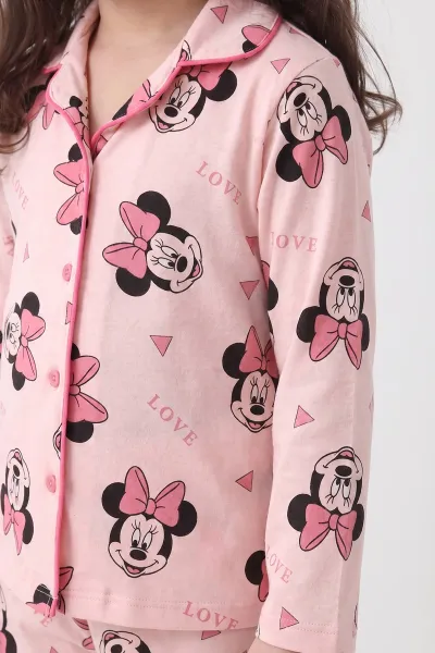 Yavruağzı (4-12 Yaş) Desenli   Uzun Kol  Ön Düğmeli Göz Bandı Detaylı Kız Çocuk Pijama Takım 473655