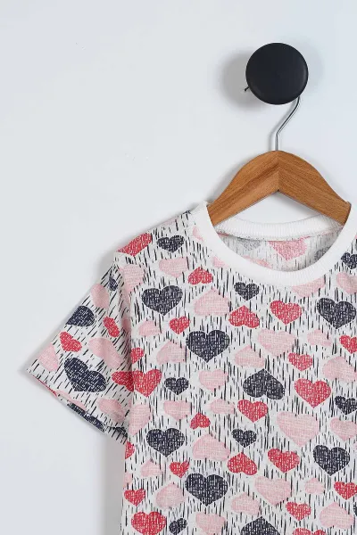 Yavruağzı (4-12 Yaş) Kalp Desenli Kısa Kol ve Şortlu Yazlık Kız Çocuk Pijama Takım 341042