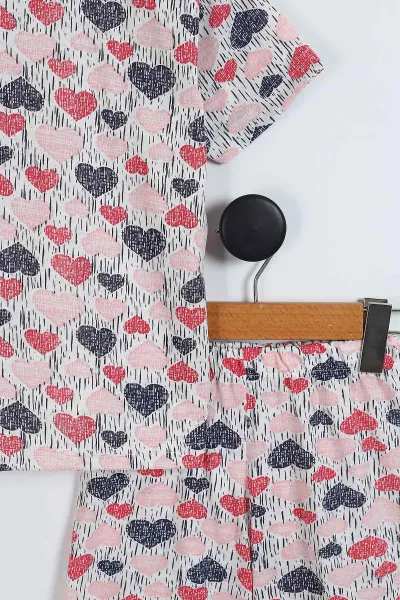 Yavruağzı (4-12 Yaş) Kalp Desenli Kısa Kol ve Şortlu Yazlık Kız Çocuk Pijama Takım 341042