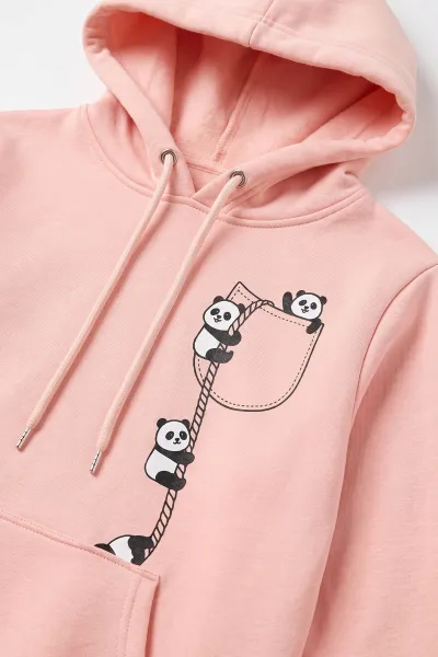Yavruağzı (4-12 Yaş) Panda Baskılı Kapüşonlu ve Kanguru Cepli 3 İp Şardonlu  Kız Çocuk Sweatshirt 497532