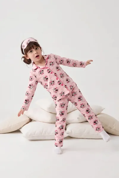 Yavruağzı (4-12 Yaş)Karakter  Desenli   Uzun Kol  Ön Düğmeli Göz Bandı Detaylı Kız Çocuk Pijama Takım 473661