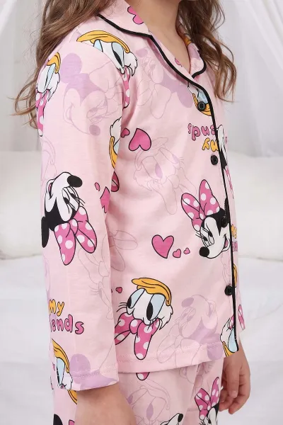 Yavruağzı (4-12 Yaş)Karakter  Desenli   Uzun Kol  Ön Düğmeli Göz Bandı Detaylı Kız Çocuk Pijama Takım 473668