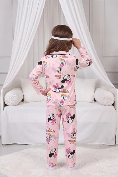 Yavruağzı (4-12 Yaş)Karakter  Desenli   Uzun Kol  Ön Düğmeli Göz Bandı Detaylı Kız Çocuk Pijama Takım 473668