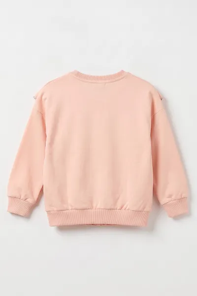 Yavruağzı (4-8 Yaş) Büzgülü Fırfırlı Kalp Nakışlı  2 İp Şardonlu Kız Çocuk Sweatshirt 489315