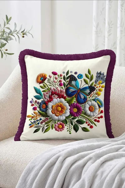 43x43 Cm Dijital Baskılı Fermuarlı Çift Taraflı Saçaklı Kırlent Kılıfı 483475