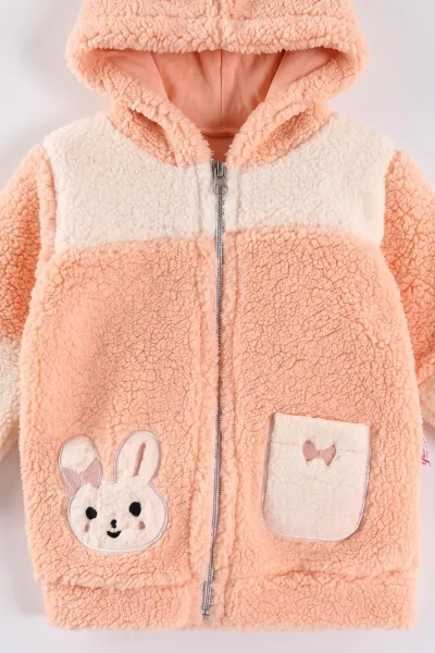 Yavruağzı (6-18 Ay) Tavşan Nakışlı Kapüşonlu Peluş Kız Bebek Hırka 495889