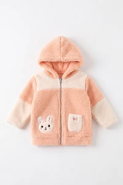 Yavruağzı (6-18 Ay) Tavşan Nakışlı Kapüşonlu Peluş Kız Bebek Hırka 495889