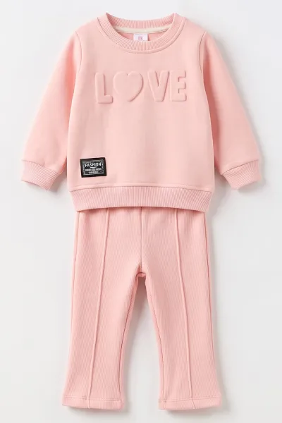 Yavruağzı (6-24 Ay) Love Kabartma Baskılı 3 İp Şardonlu Kız Bebek 2'li Takım 495614