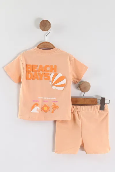 Yavruağzı (6-24 Ay)  Surf Waves Kabartma Baskılı Tişörtlü  Şortlu Kız Bebek Yazlık Takım 440299