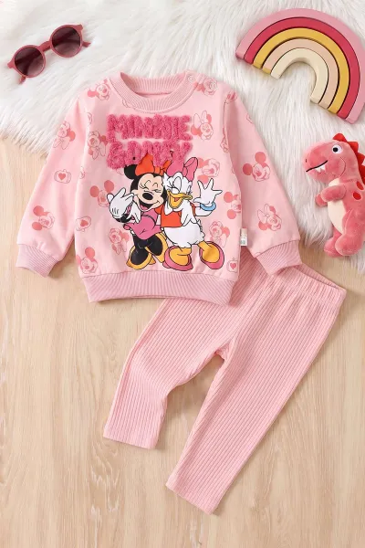 Yavruağzı (6-24 Ay) Süzene Karakter Nakışlı  Sweat ve Fitilli   Taytlı   Kız Bebek 2'li  Takım 472659