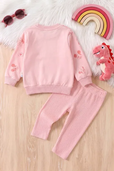 Yavruağzı (6-24 Ay) Süzene Karakter Nakışlı  Sweat ve Fitilli   Taytlı   Kız Bebek 2'li  Takım 472659