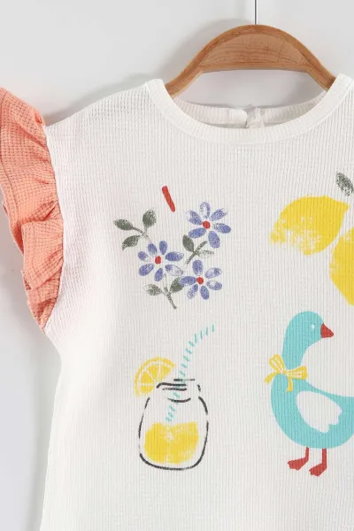 Yavruağzı (6-24 Ay)Baskılı Koldan Fırfırlı Waffle  Kız Bebek  Yazlık Takım 440525