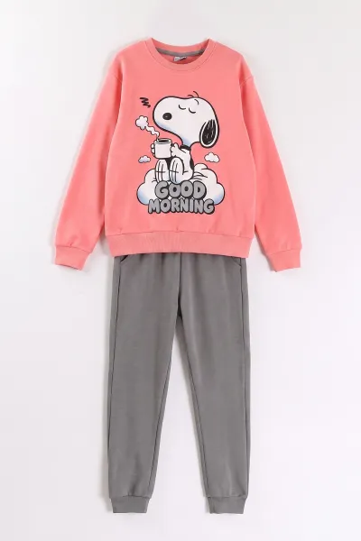 Yavruağzı (7-11 Yaş) Good Morning Baskılı Ribana Kumaş Kız Çocuk Pijama Takımı 477070