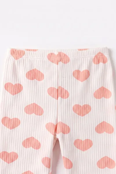 Yavruağzı Beyaz   (1-3 Yaş) Kalp Desenli  Raporlu Kız Çocuk Pijama Takım 477350